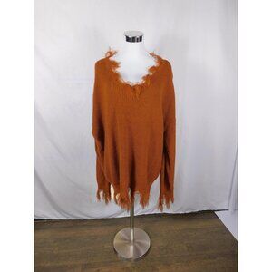 Sweater Womens 2XL Rust Orange Distressed V-Neck Frayed Hem Oversized Pullover